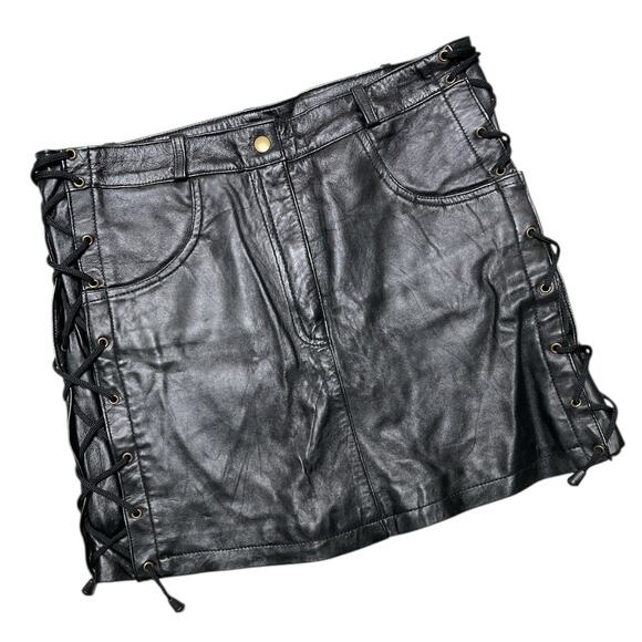 Black Side Laced Mini Leather Skirt size Medium - Picture 1 of 9